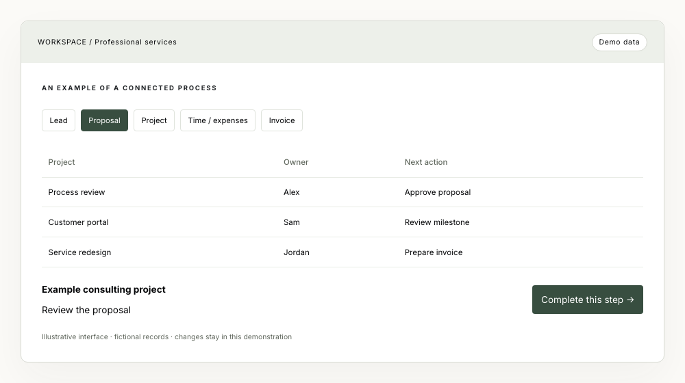 Professional services example interface with fictional records